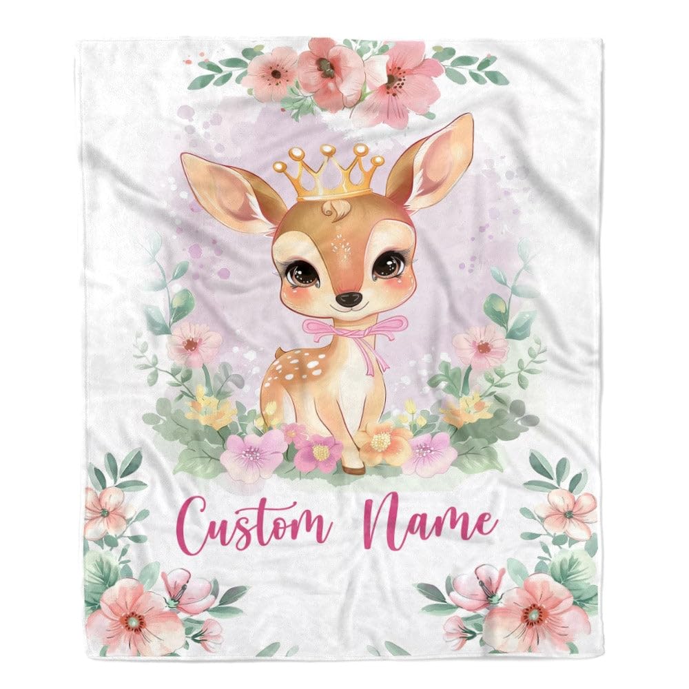 TeesNow Personalized Baby Girl Blanket with Custom Name Newborn Pink Flowers Deer Daughter Niece Granddaughter Birthday Christmas Customized Bed Fleece Throw Blanket (30 x 40 in Baby Size)