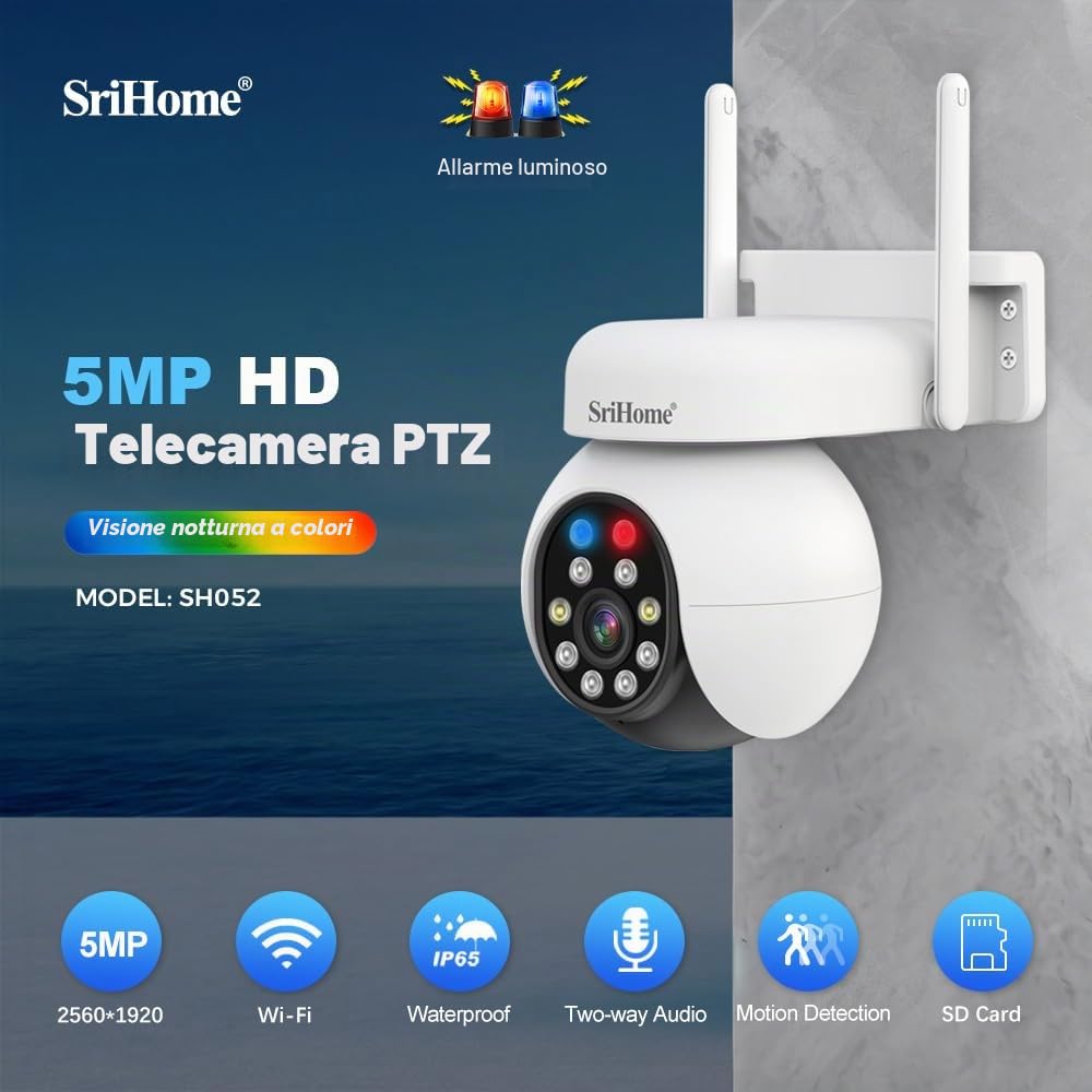 SRIHOME 5MP HD PTZ Telecamera di Sorveglianza, Rilevamento umano, Tracciamento del movimento, Allarme sonoro e luminoso, Audio bidirezionale, Uso esterno/interno