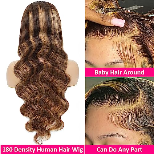 Image of Pizazz Honey Blonde Lace Front Wigs Human Hair Pre Plucked with Natural Hairline 13x4 Glueless Wigs Human Hair 180 Density 4 /27 Highlight Body Wave Lace Frontal Wigs 20 Inch