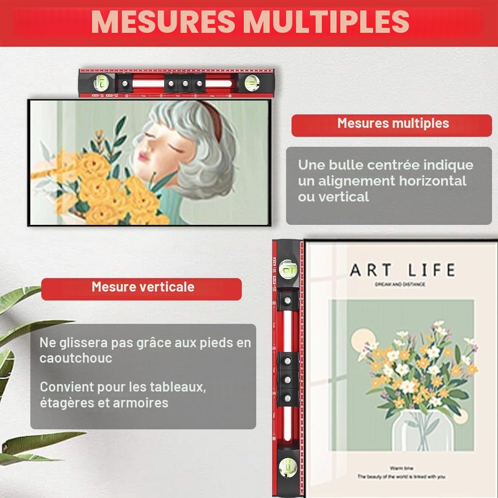 Gabarit de perçage pour électricien - Niveau à bulle de 40 cm - Avec 4 gabarits de perçage réglables - En aluminium avec double échelle pour trous précis, prises, suspension de photos