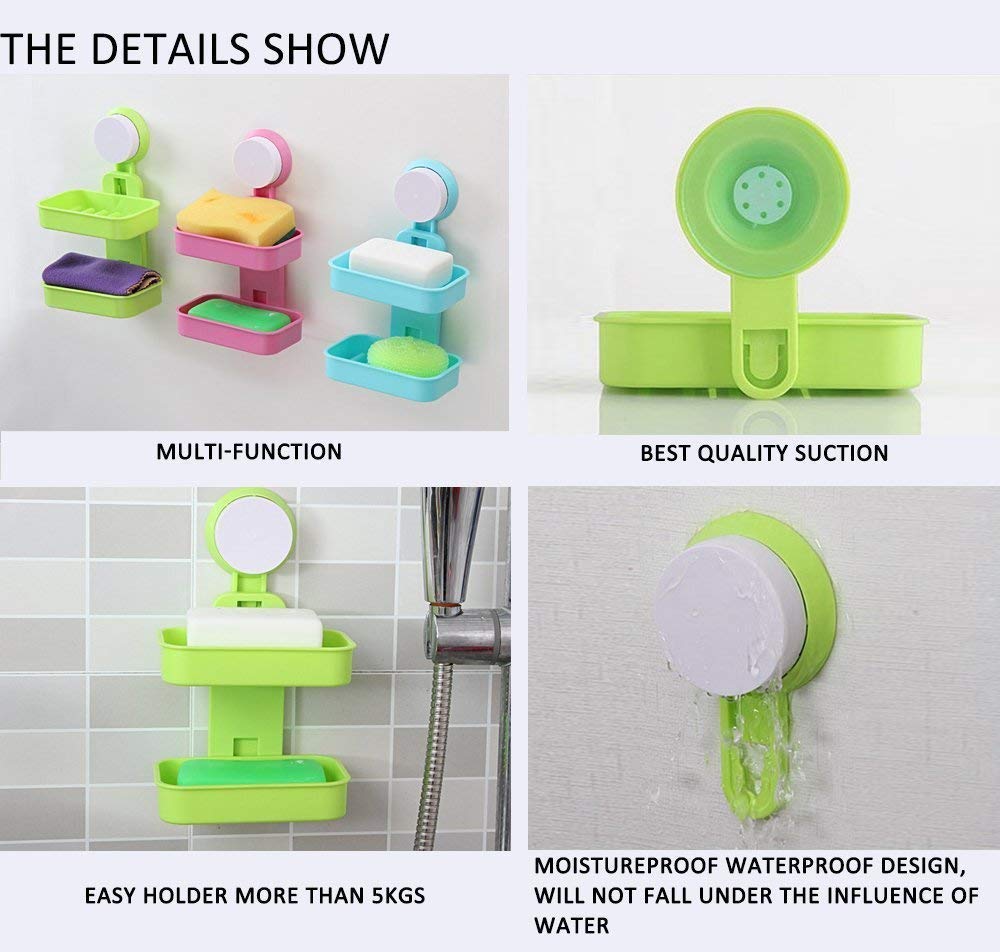 Hetarmi Enterprise Double Layer Plastic Attachable Vacuum Suction Soap Dishes Wall Holder-Stend (Multi Colour, Standard Size) 2