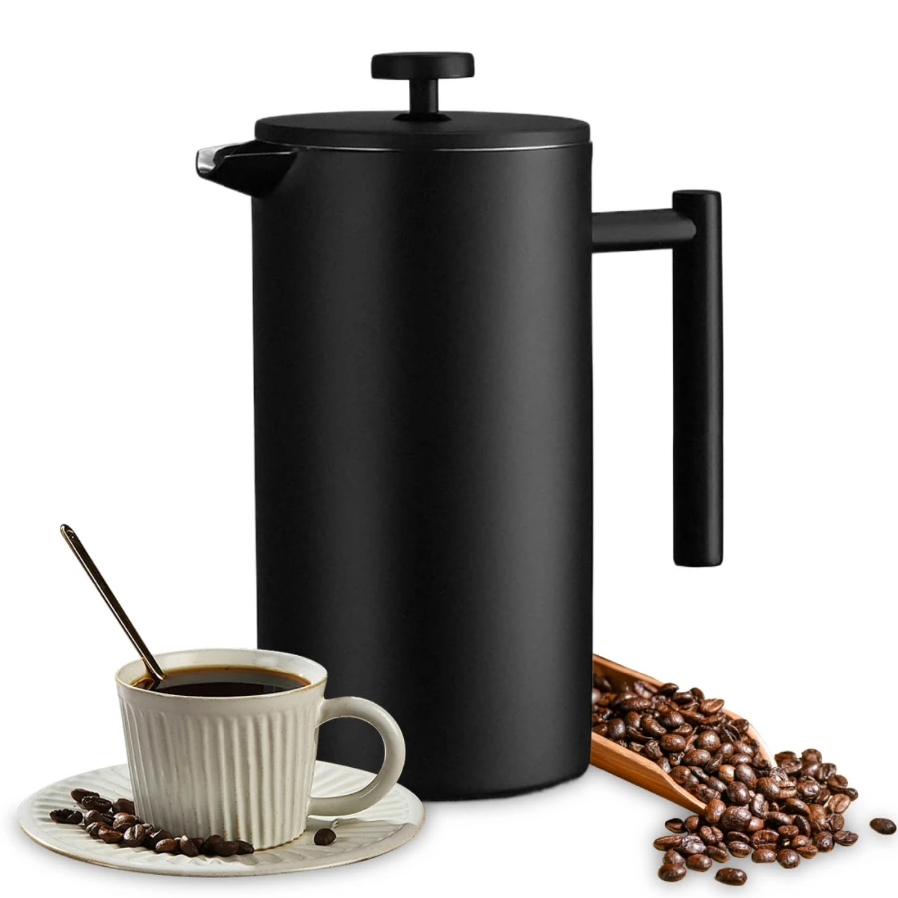 Coffito French Press Coffee Maker,304 Grade Stainless Steel Double Wall Insulated Coffee Press 34 oz Pot with Coffee Scoop Home Cafe Office Use (Black,34oz)