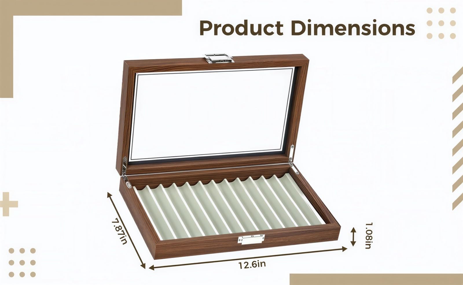 Espositore per penne a 12 scomparti con venature del legno di noce, custodia per penna stilografica, 32 x 20,1 x 5,6 cm, organizer con parte superiore trasparente, fodera in velluto, fibbia