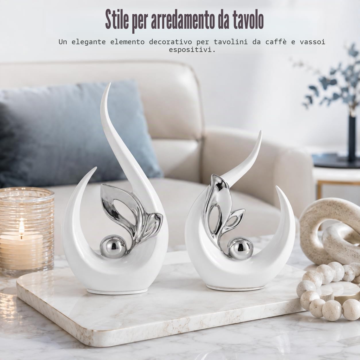 XMGZQ Bianco e Argento Statua in Ceramica Set di 2,Scultura Moderna,Ornamenti Astratta,Oggetto Decorativo,Decorazioni della Tavola per il Soggiorno Sala da Pranzo Bedroon Office Centrotavola