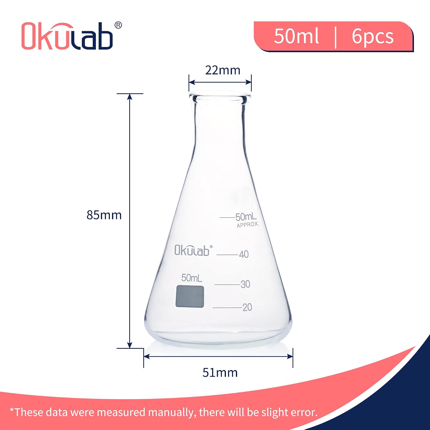 Conical Flask Set, Glass Erlenmeyer Flasks, 6pcs of Vol.50ml, Borosilicate 3.3 Glass Material with Printed Graduation.EFNG50A6