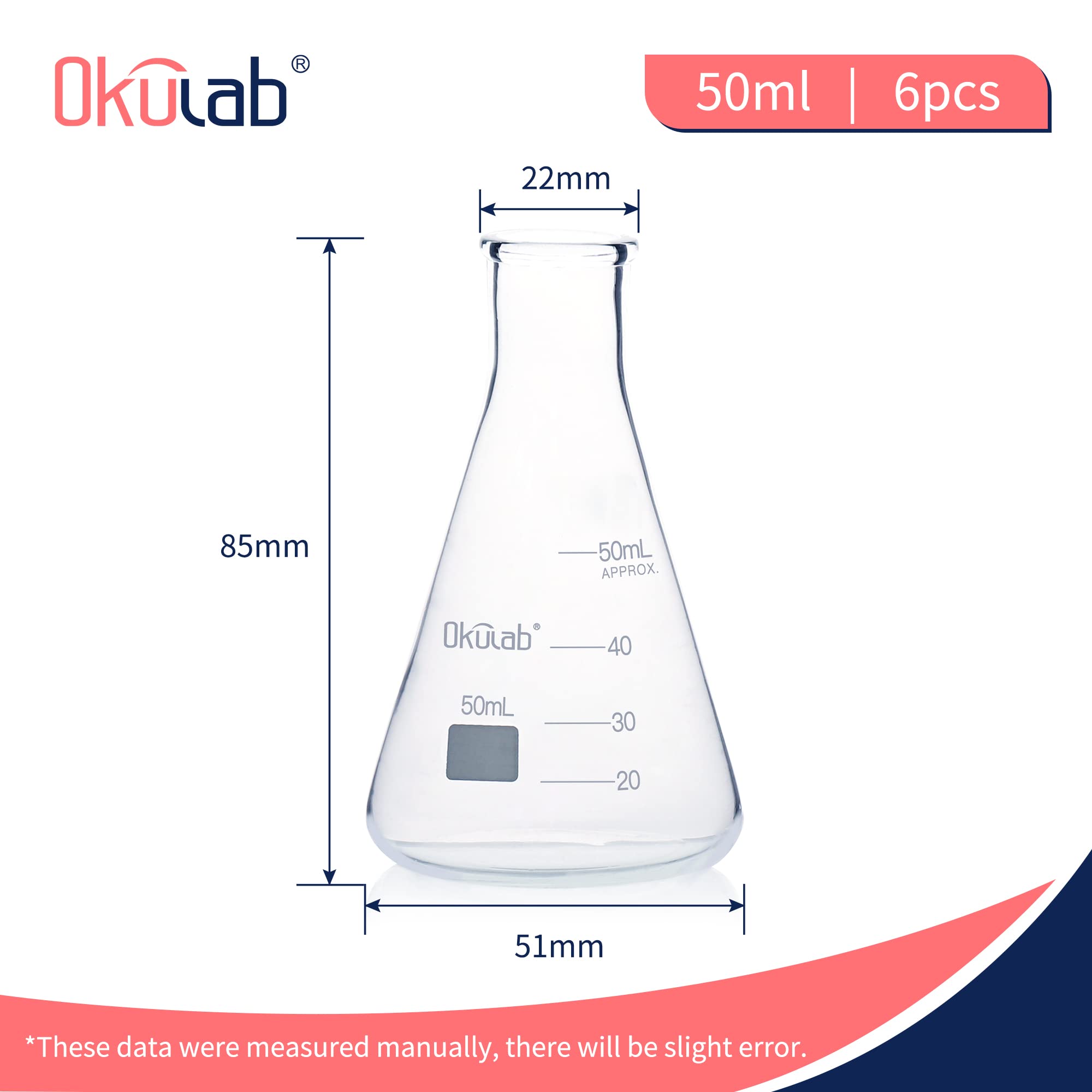 Glass Erlenmeyer Flasks - 6 Pack 50ml -4 Glass Erlenmeyer Flasks - 6 Pack 50ml -4