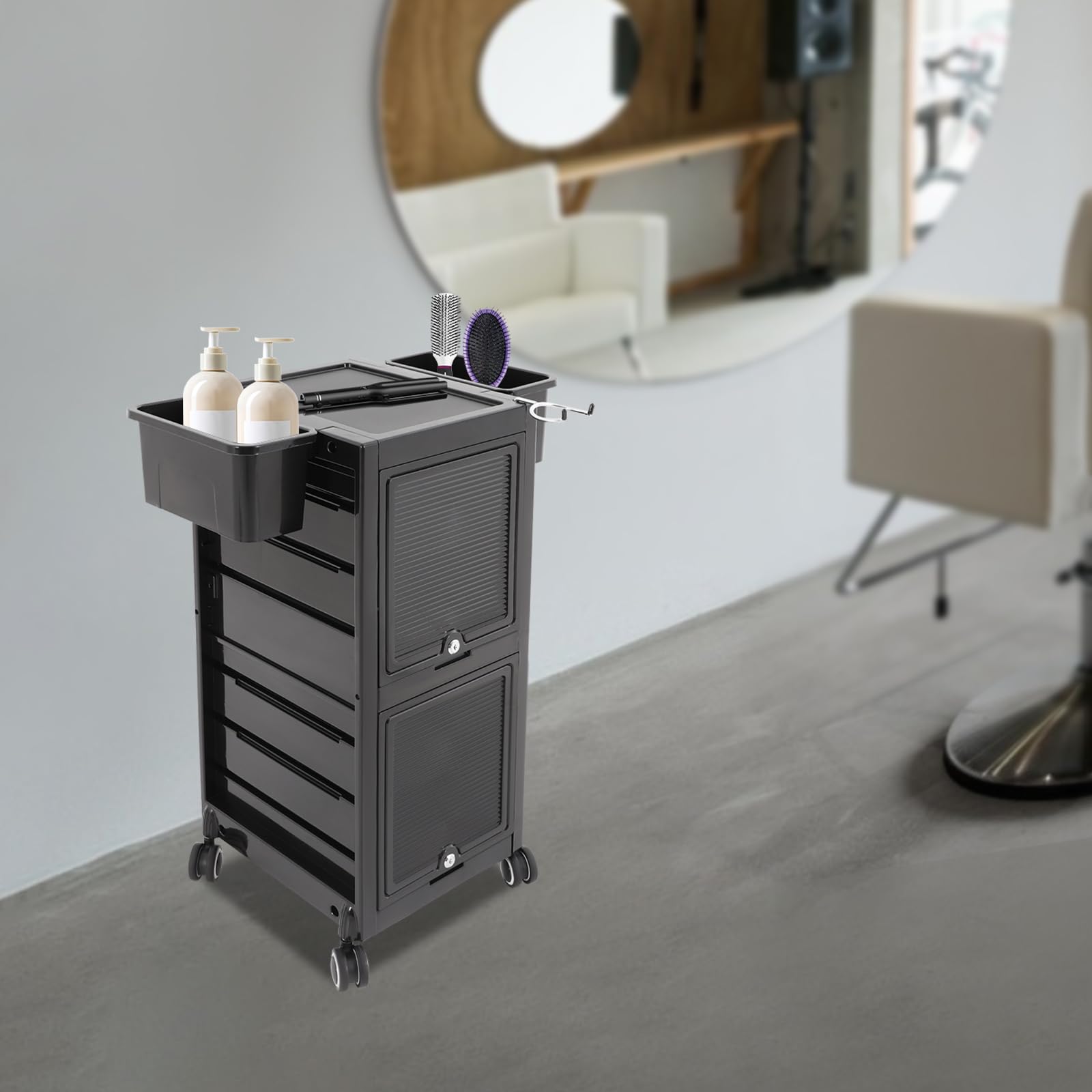 Friseurwagen Rollwagen mit 6 Schubladen & 2 Seitenkörbe, abschließbare Friseur Wagen für Salon und Friseur Aufbewahrungseinheit auf Rädern, 39 * 35 * 84cm