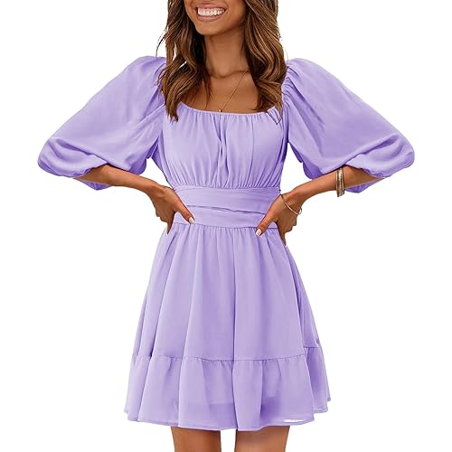 EXLURA Women's Lantern Sleeve Tie Back Summer Dress Ruffled Off Shoulder A-Line Vintage Mini Dress - Medium - Lilac Purple