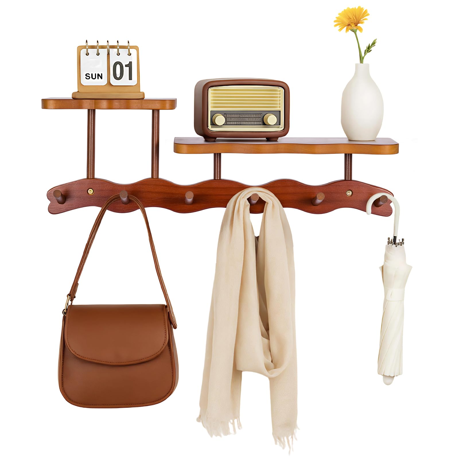 FERNVALE Wall-Mounted Bamboo Coat Rack with 2 Shelves – Elegant Wavy Design, Large Hanger with 6 Heavy-Duty Hooks, Perfect for Entryway, Living Room, Bedroom or Study (Brown)