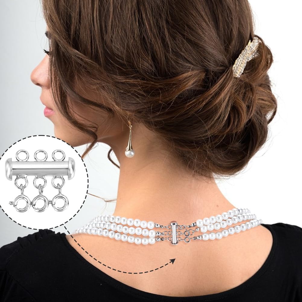 AHANDMAKER 925 Sterling Silver Layered Necklace Lock Clasp, 3-Strand Multi Necklace Layering Clasp, Layered Separator Beads Chain for Extender Necklaces Bracelet Safety Jewelry Clasps, Platinum - Image 6