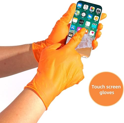 Miniatura 6 de LOGO Guantes desechables de nitrilo naranja-7.5mil Grip Diamond Textured Heavy Duty Automotive Mechanic compostable (50 piezascaja)