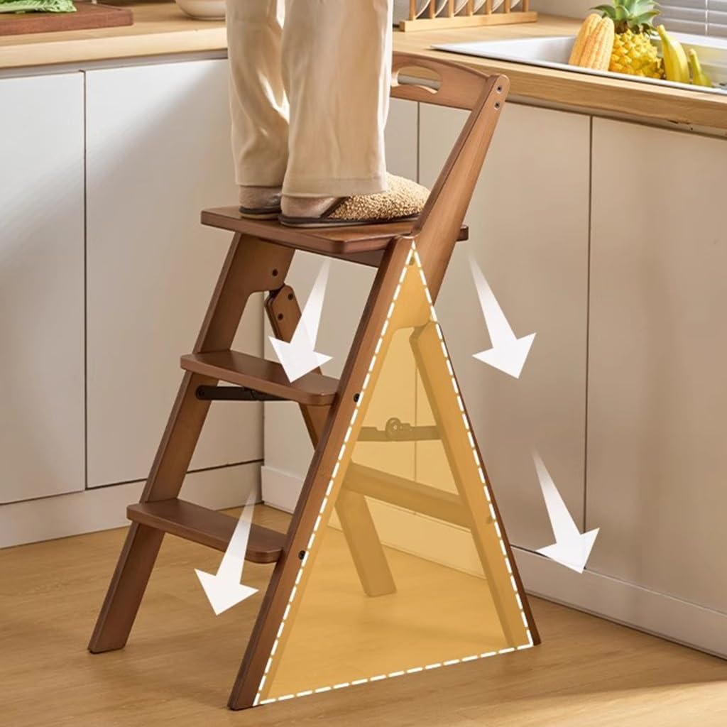 Step Ladder 3 Tier Folding Step Stool,Multi 3-in-1 Bamboo Step Ladder Lightweight Portable,Wooden Step Stool Saving Space for Kitchen and Office