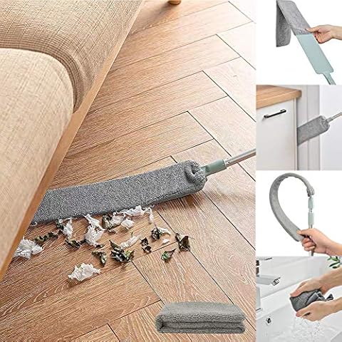 Dust Brush Under Appliance Microfiber Duster with Extension Pole (40 to 55 inches) Bendable, Washable, Extendable Gap Dusters for Sofa Bed Furniture Bottom - Wet or Dry Cover