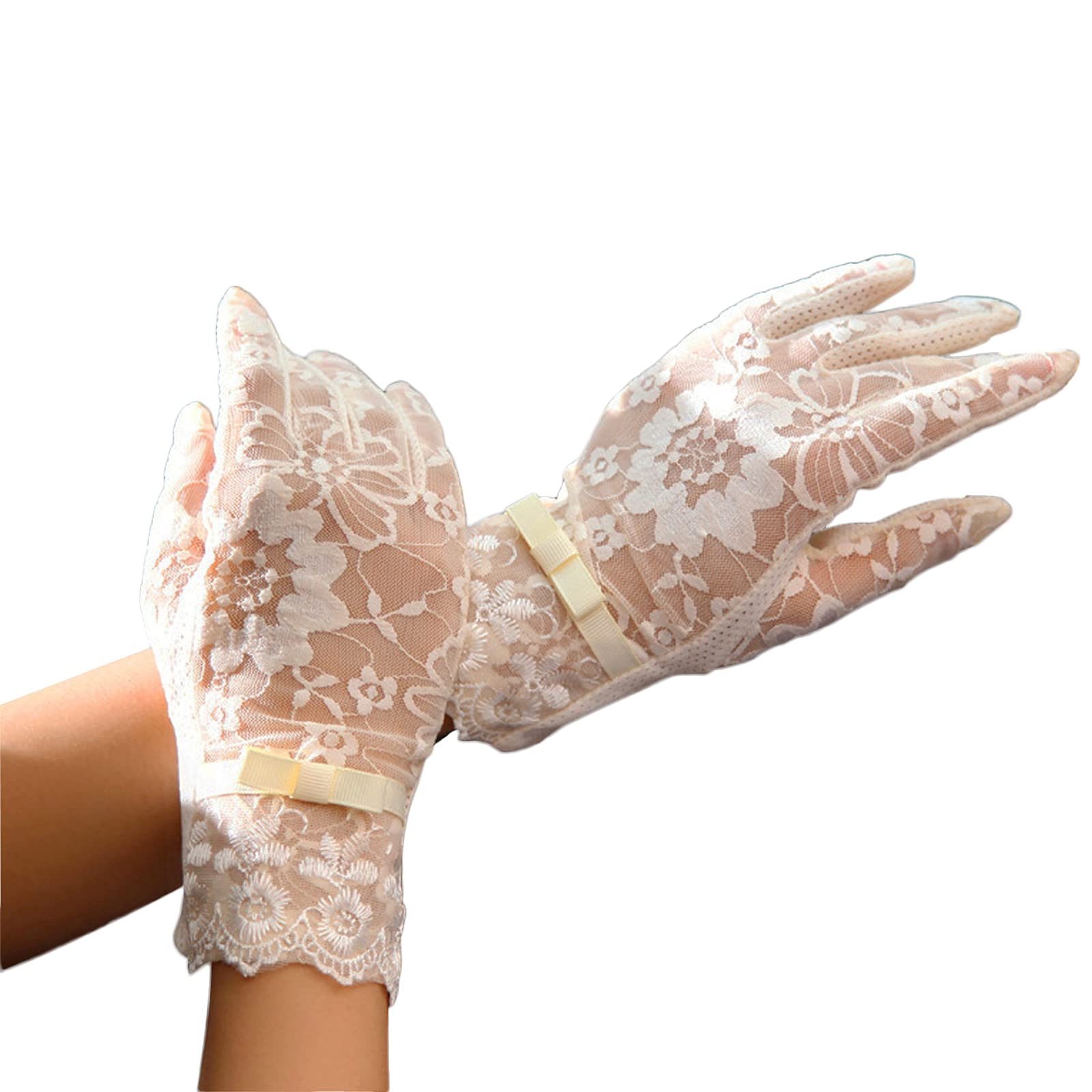 RDWESZOD Guantes de encaje para mujer, con diseño floral, cortos y elegantes de encaje, para bodas, fiestas de ópera, Beige-b, M