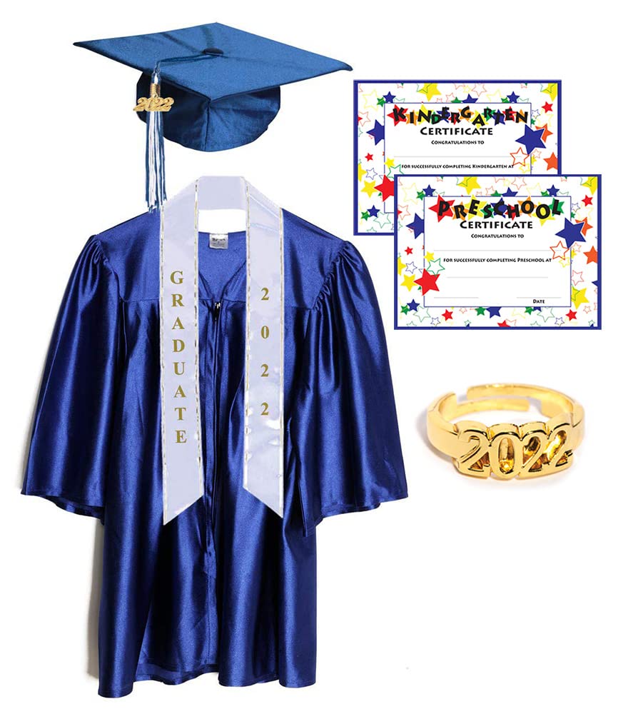 Photo 1 of Happy Graduates Shiny Deluxe Graduation Sets, Graduation Cap, Gown, Tassel, Sash, Ring, Diploma Small Blue