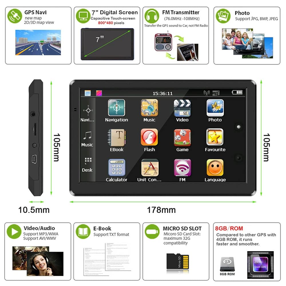 7 Pouce GPS Voiture,GPS Poids Lourds,Auto Navigation avec HD Écran Tactile,Multi-Languages Guidage Vocale 2026 Cartographie UK Europe Installée Mise à Jour Gratuite à Vie,pour Auto,Camion,Poids Lourd