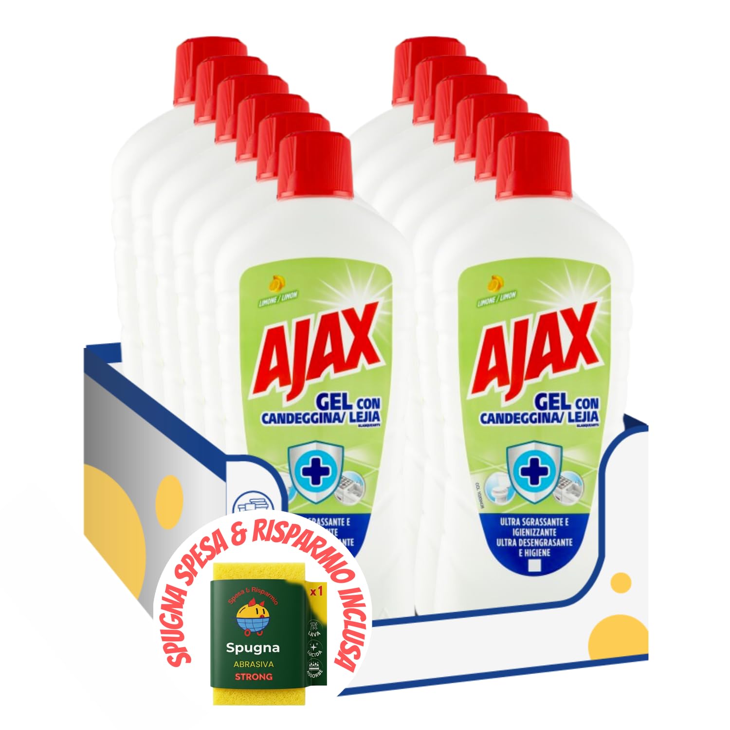 Detergente Pavimenti con Candeggina al Limone – 1L kit con Spugna Brandizzata SPESA & RISPARMIO Inclusa – Variazioni 4/8/12 Pezzi (12)
