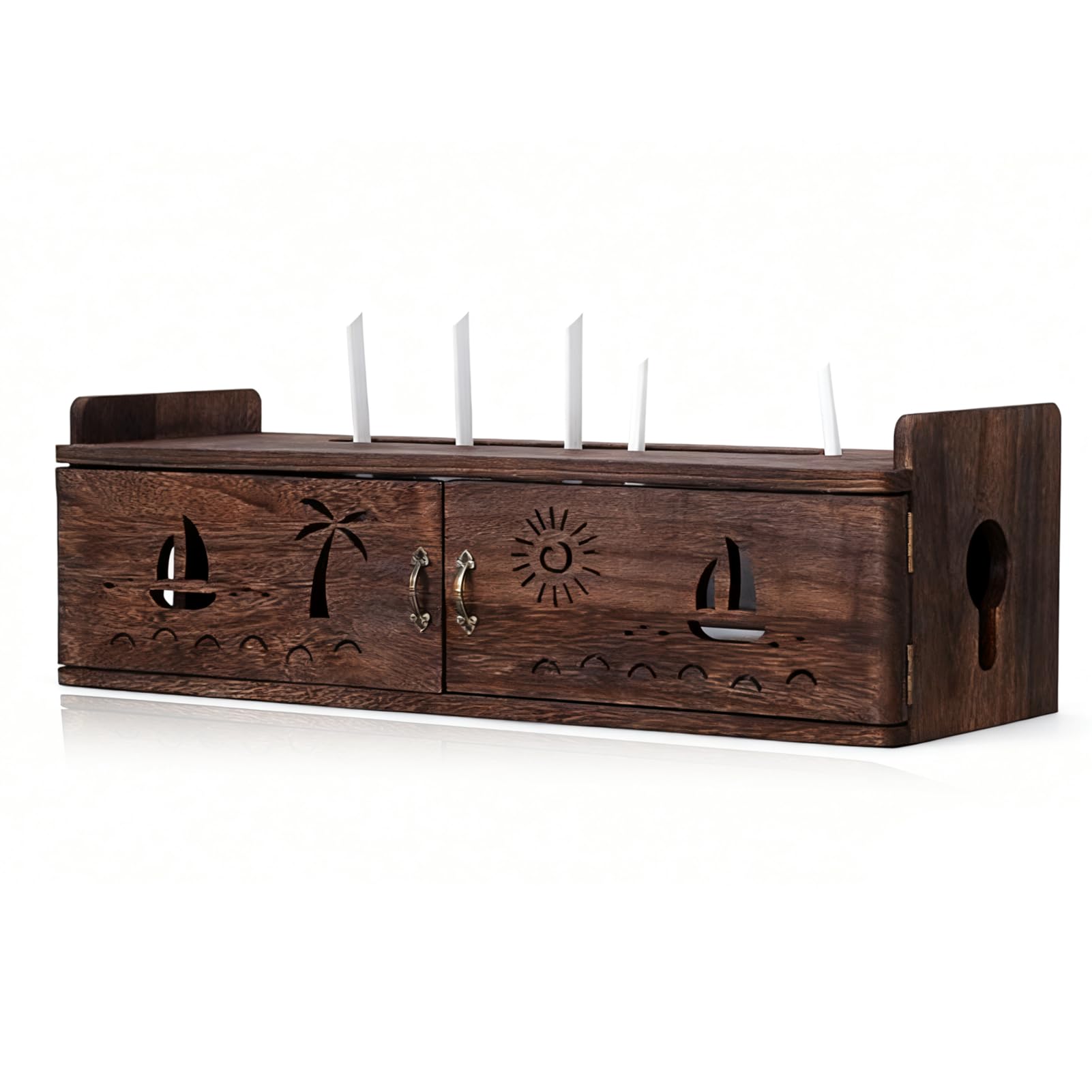 AVSMGP Meuble De Rangement pour Routeur en Bois De Paulownia Grand Meuble Rangement Mural pour Routeur Wi-FI- Étagère Marron Anthracite pour Dissimuler Routeur Et Câbles,58CM/22.8IN