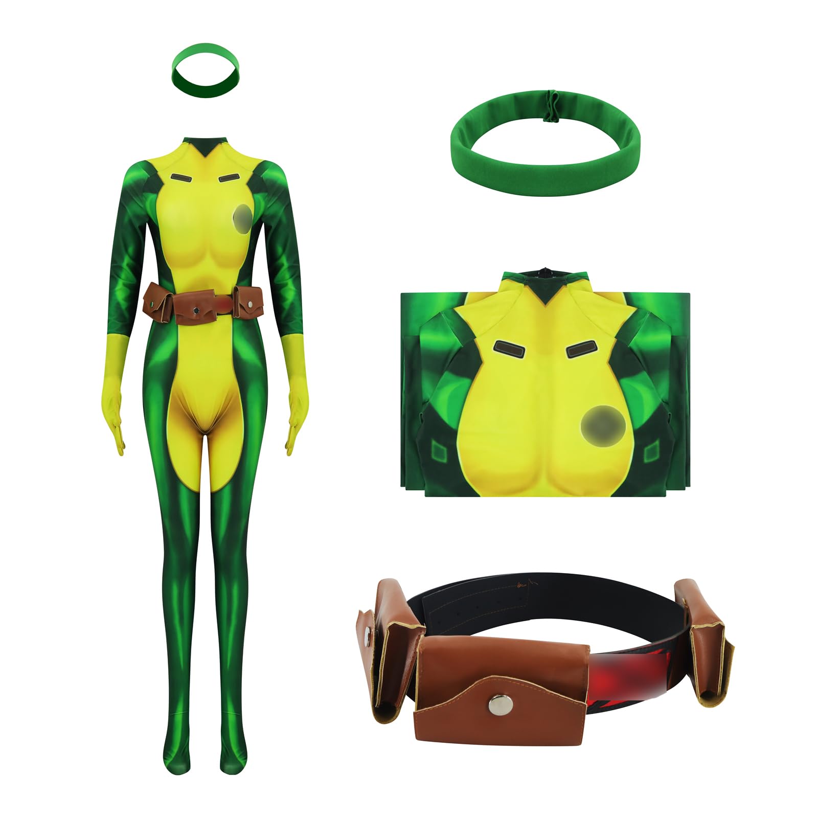 Fashionjoy Rogue Costume Women Superhero Rogue Cosplay Green Bodysuit Zentai Jumpsuit with Headband Belt Halloween Outfits - Small - Type 1