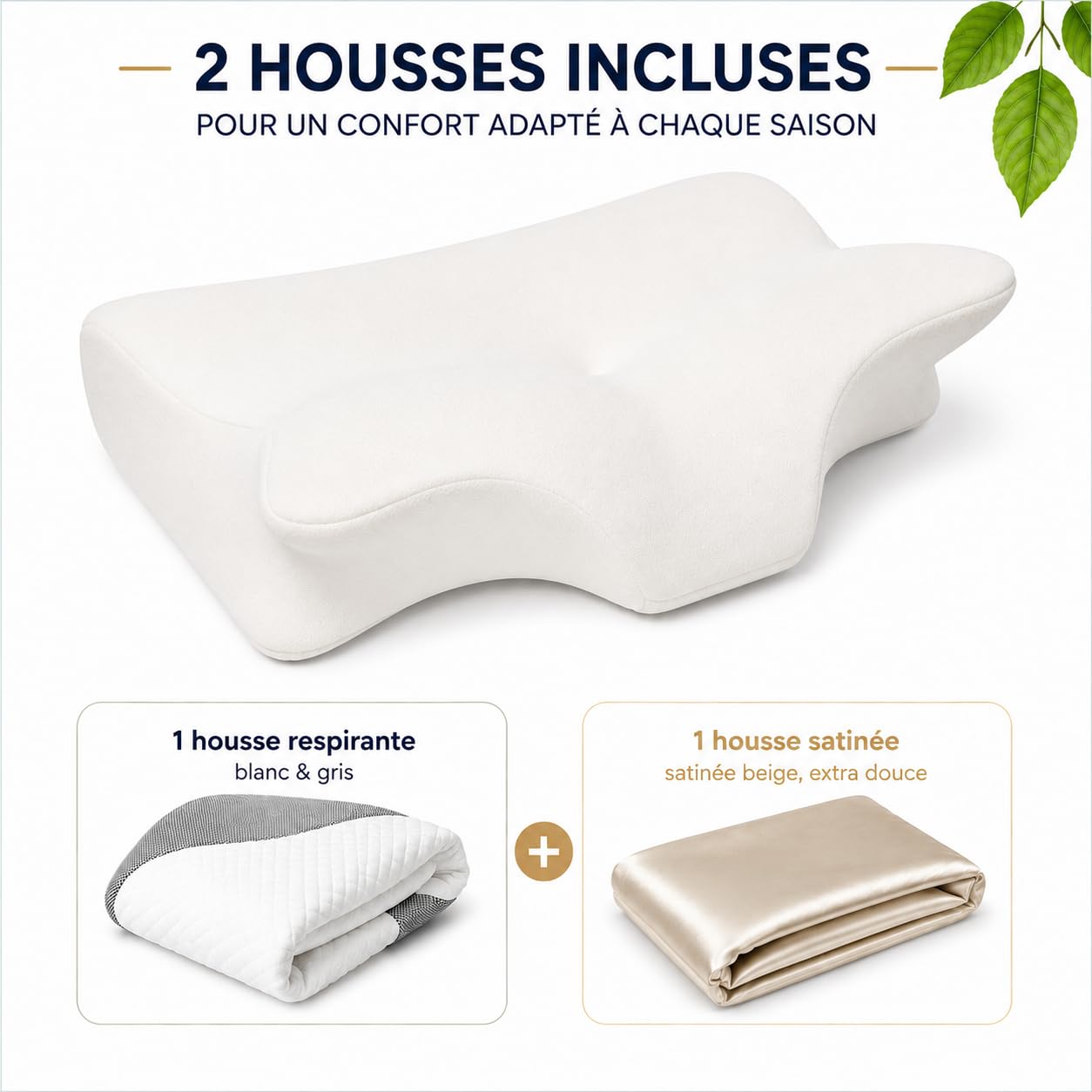 ByDar Oreiller Hanna 2 en 1 - Cervical Ergonomique, Mousse Mémoire de Forme, Orthopédique, Soutien Cou et Nuque, 2 Housses Lavables, pour Dormir Dos, Côté et Ventre
