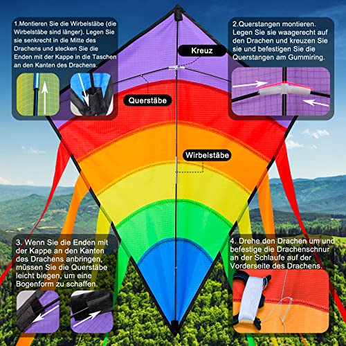 LEBEXY Einleiner Flugdrachen für Kinder und Erwachsene | Bunt Delta Drachen Kinder | Einfach zu Fliegen | Delta Lenkdrachen Kinderdrachen mit Langen Buntem Schwänzen, 73*65 cm, Mit 80m Drachenschnur