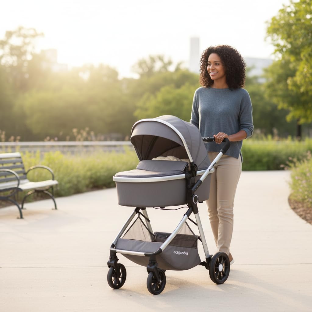 Passeggino 2 in 1 con navicella, compatto, pieghevole, protezione UV