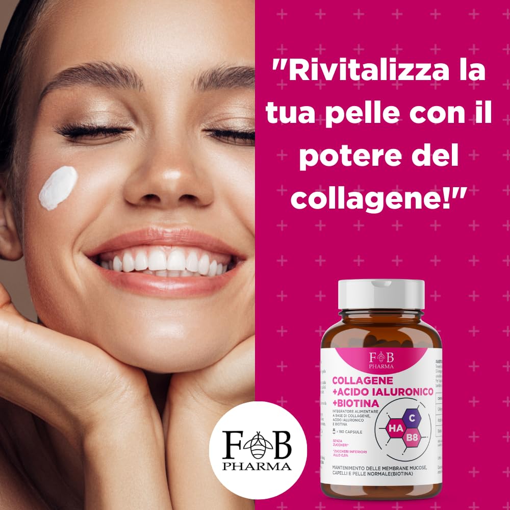 FB Pharma - integratore collagene e acido ialuronico e biotina - 180 capsule - Integratori articolazioni e cartilagine - capelli e pelle - Formula studiata in Italia