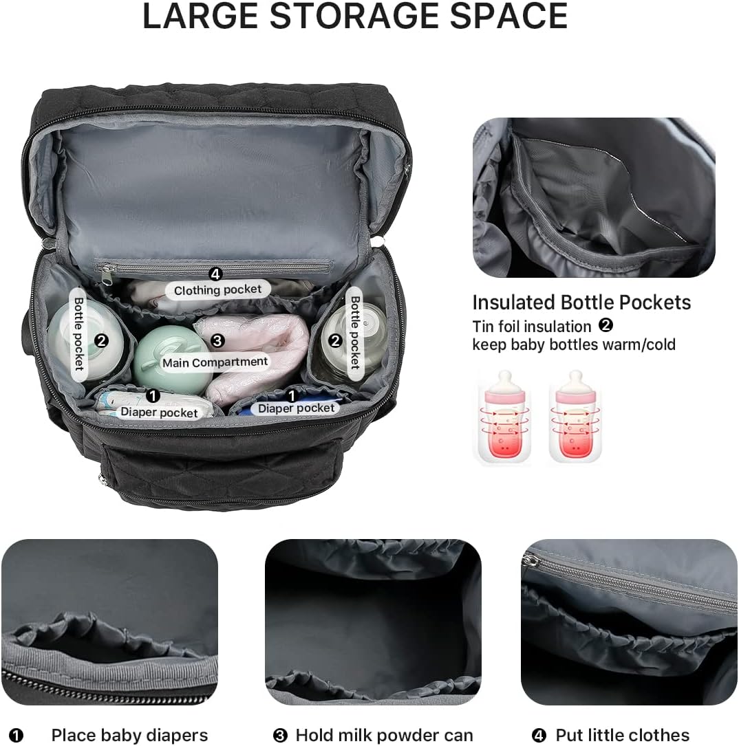 Large Capacity Multifunction Diaper Bag Backpack,Waterproof Travel Nappy Changing Bag Mommy Bag with Stroller Straps(Black)