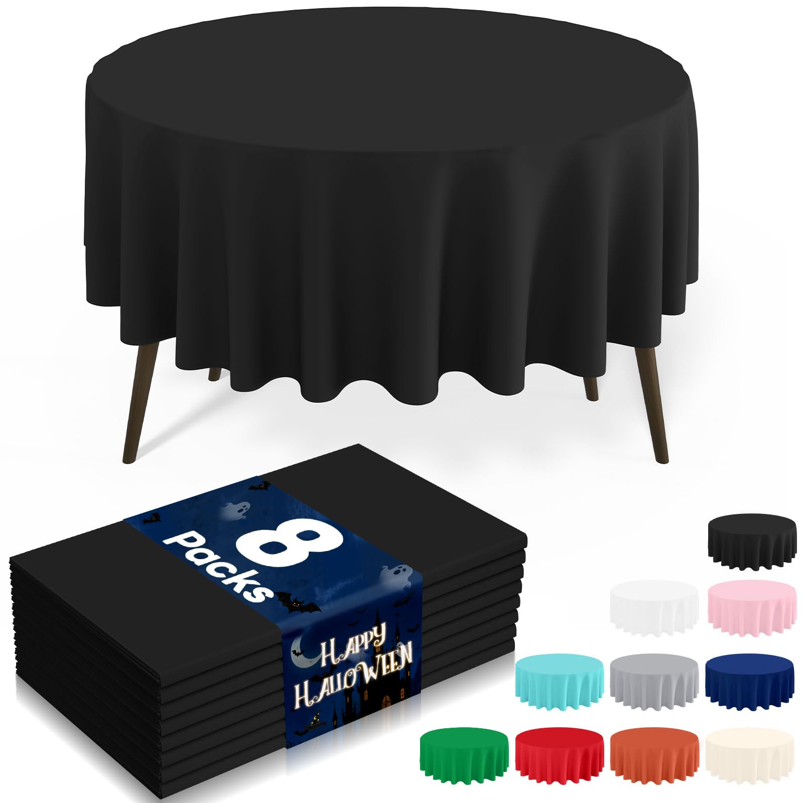 misaya 8 Packs Disposable Plastic Table Cloth, 84" Round Waterproof Tablecloth, Leakproof &amp; Sturdy Decorative Table Covers for Picnic, Party, Outdoor and Halloween, Black
