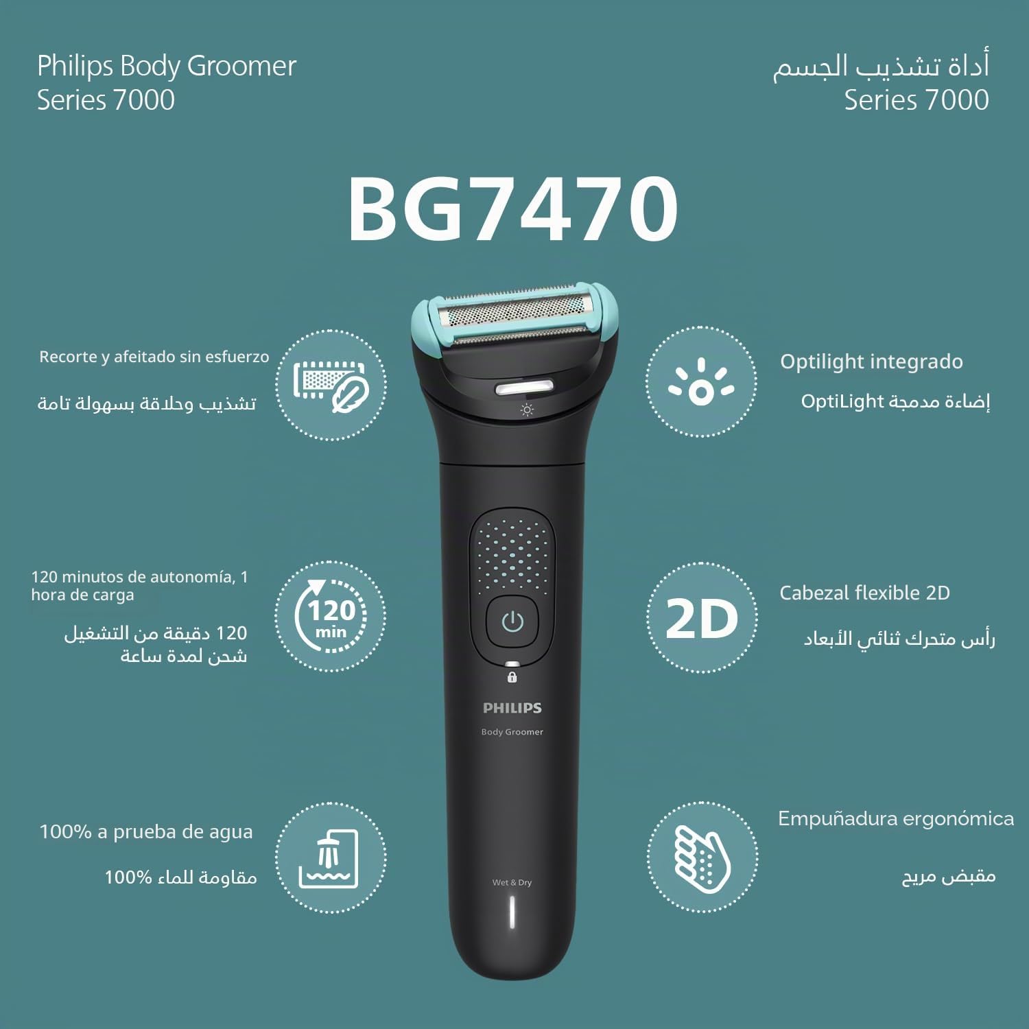 Philips Body Groomer BG7470/15 | Recorta y afeita el vello corporal | Mojado y seco | Cabeza flexible sigue el cuerpo | Resultados suaves y agradables al tacto | Peines 1-3 y 3-7 mm + peine de área