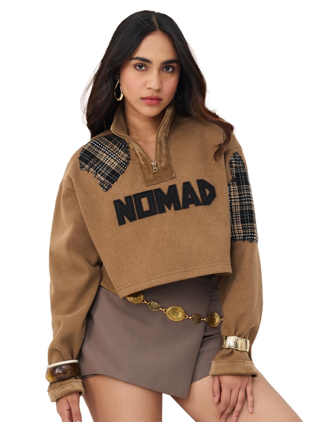 the souled store Nomad: Rhythm Women and Girls Long Sleeves Mock Neck Camel Applique Polyester Elastane Blend Zipper Cropped Oversized Hoodie-picture-15