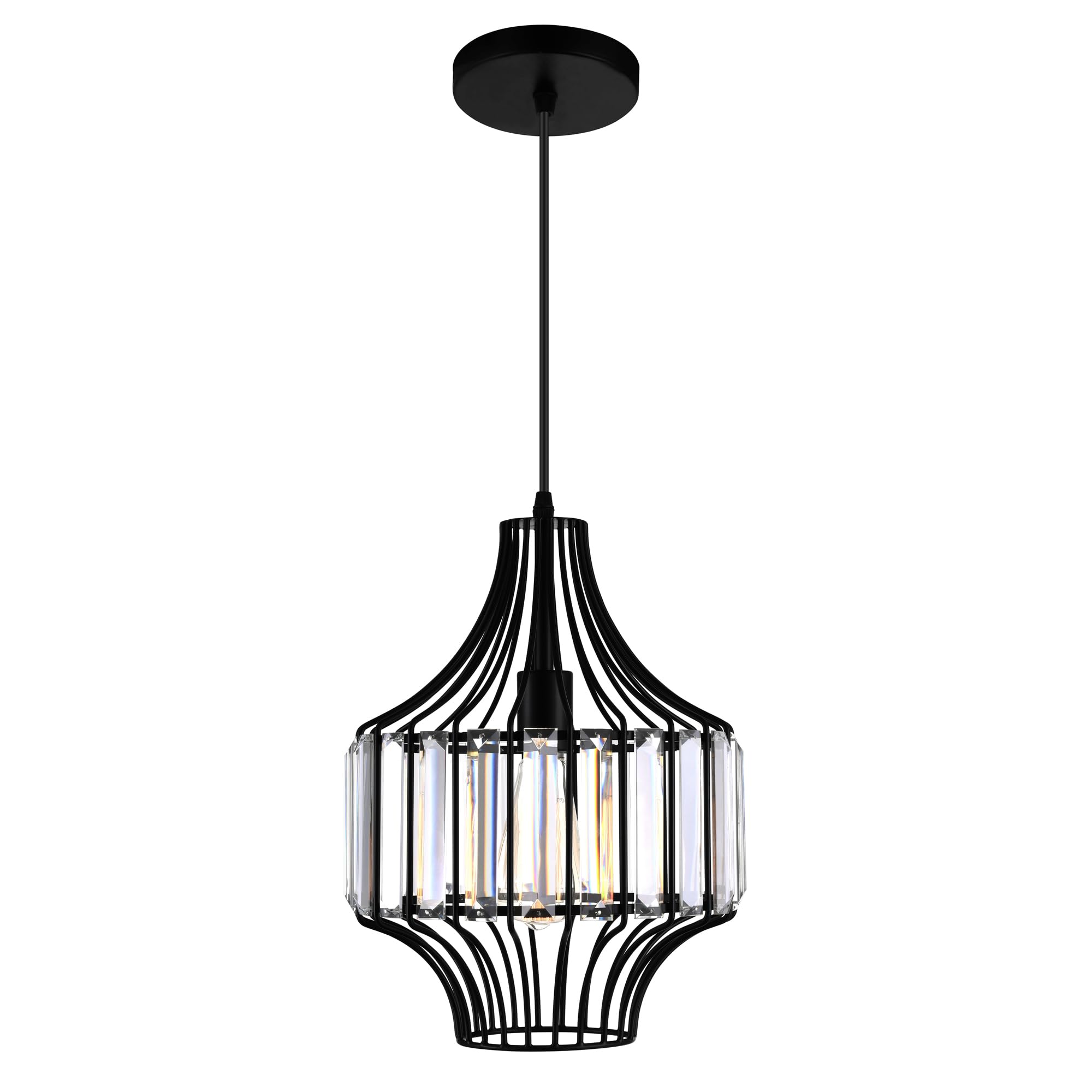 CWI Lighting 10" Black Geometric Pendant Light for Kitchen, Dining Room – 1-Light with Crystal Bars & E26 Bulb Base – LED Compatible, Adjustable Cord