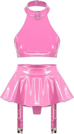 dPois Womens Wet Look Leather Nightclub Outfits Two-Piece Shiny Latex Halter Backless Sexy Lingerie Set