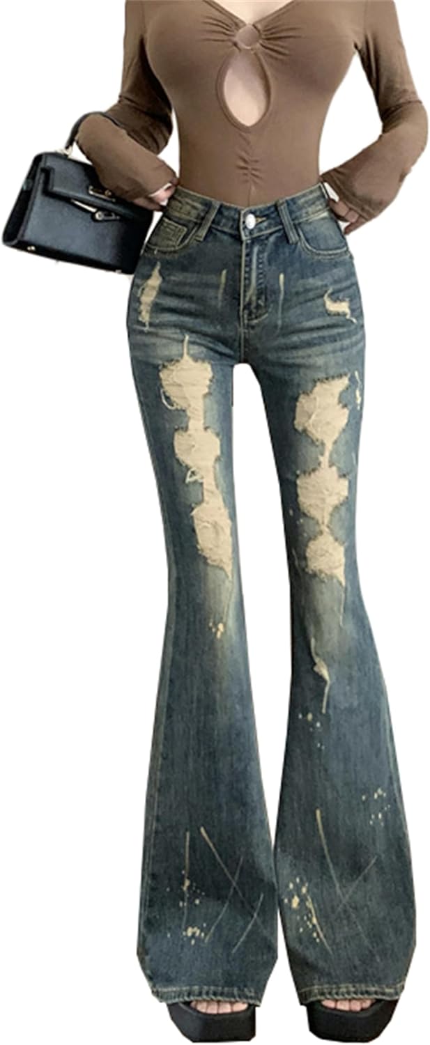 [ＹＯＮＧＯ] デニムパンツ レディース フレアパンツ ロングパンツ ジーンズ ジーパン 着瘦せ ダメージ加工 セクシー ギャル ク