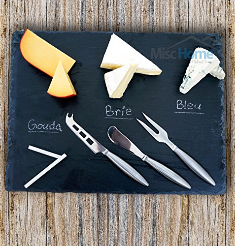 +Hot+ Gourmet 16 x 12 Inch Slate Cheese Board Set w/ 3 Forged Stainless Steel Cheese Knives & Soap Stone Chalk Premium Slate Cheese Tray and Cheese Platter
