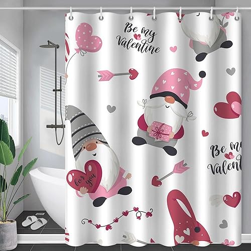 Cortina de ducha para el día de San Valentín, romántica linda pareja de gnomos rosados con corazón rosa para decoración de baño, juego de cortinas