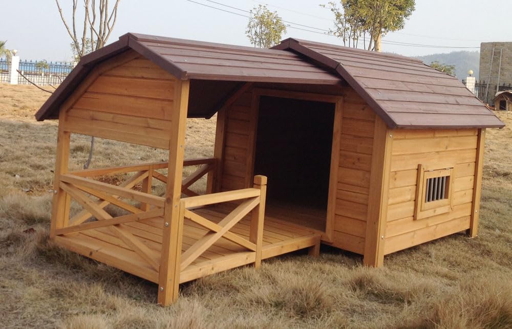 Animal Valley - Nicho para perro Cheyenne con terraza - Madera - L 212 x 99 x 88,5 cm - Talla XL - Beige y Marrón - para perros grandes