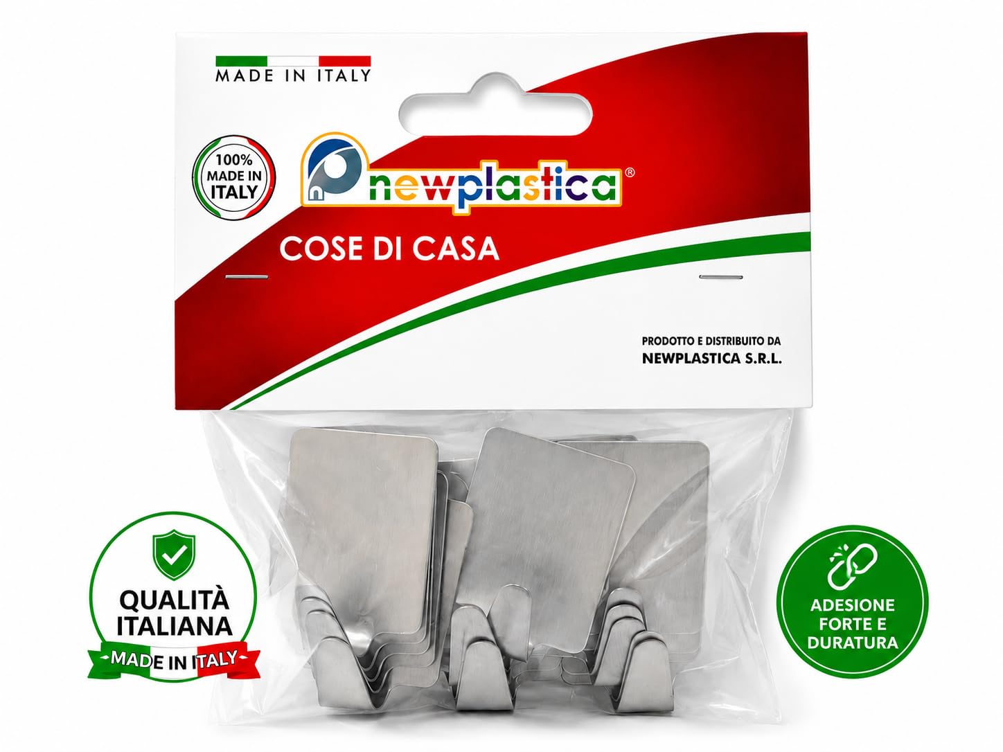 Ganci Adesivi Acciaio Inox Muro, Set 15 Pezzi, Tenuta Forte fino a 3 kg, Senza Forare Senza Trapano, Antiruggine, per Bagno Cucina Ingresso, Made in Italy