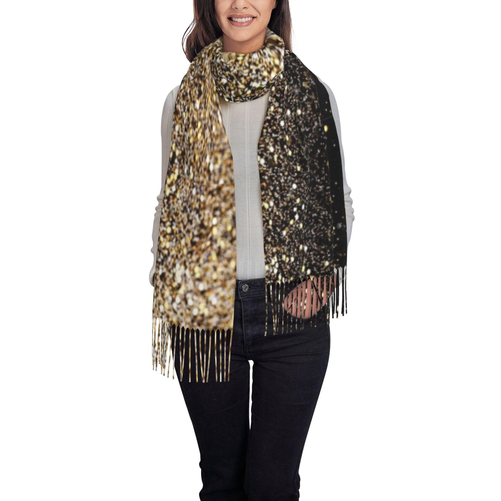 Poadnly Unisex As Picture Gold Shimmer Sequin, Large Soft Cashmere Feel Shawls Wraps Women Fringed Scarf Light Stole 197X72 Cm