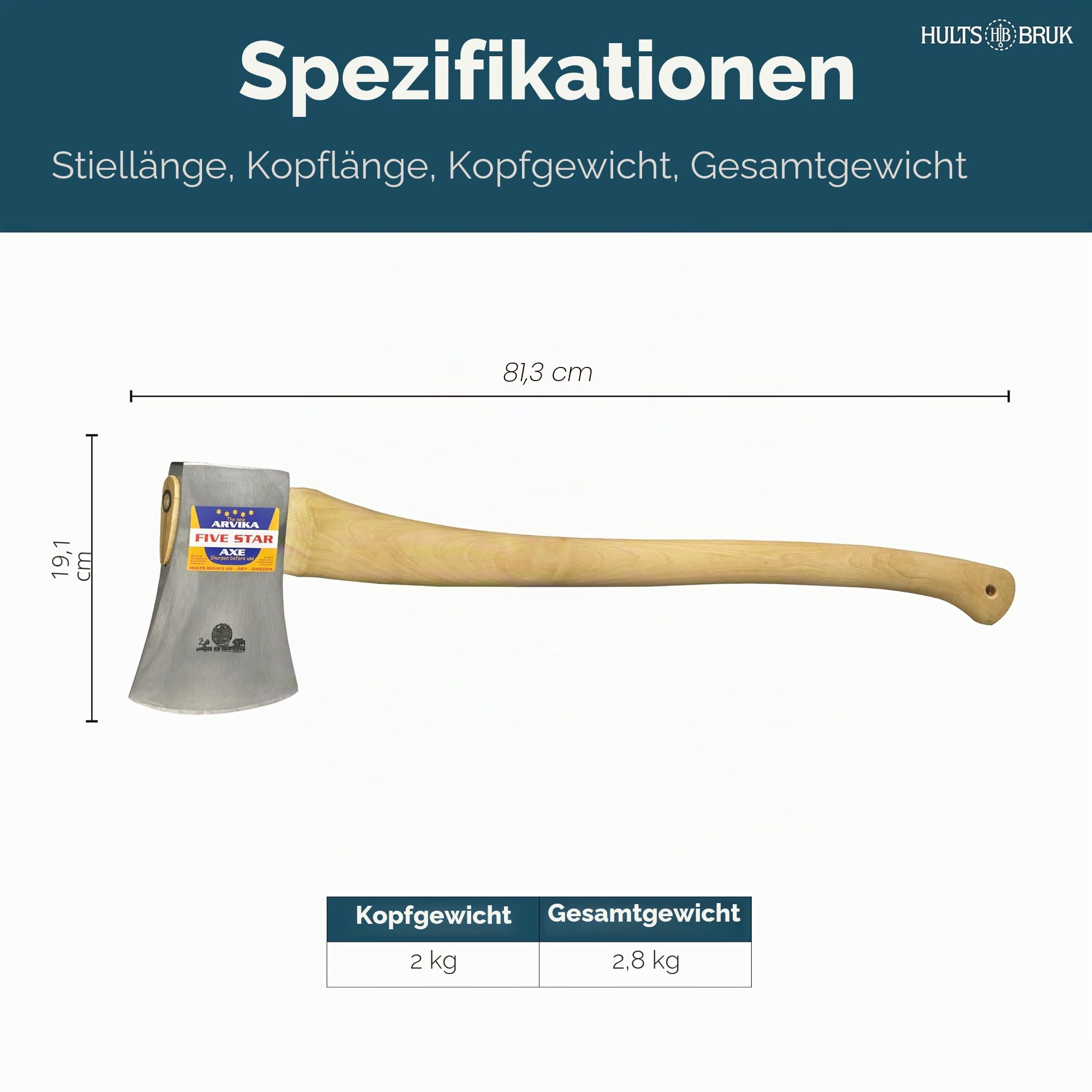 Hultafors Arvika 5 Star Axt, 800 mm | Handgeschmiedeter schwedischer Stahl | Gebogener Hickory-Stiel, 2000 g | Wettkampf-Axt für intensives Fällen I 840511