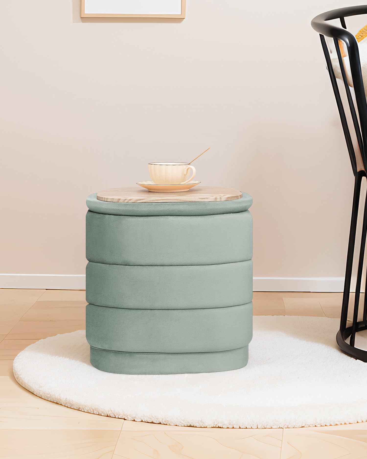 Bonlife Ottoman avec Espace de Rangement,Repose-Pieds Pliable avec Table,Repose-Pieds pour Salon, Chambre à Coucher, Couloir, Velours Couleur Sauge, 38 x 38 x 38 cm