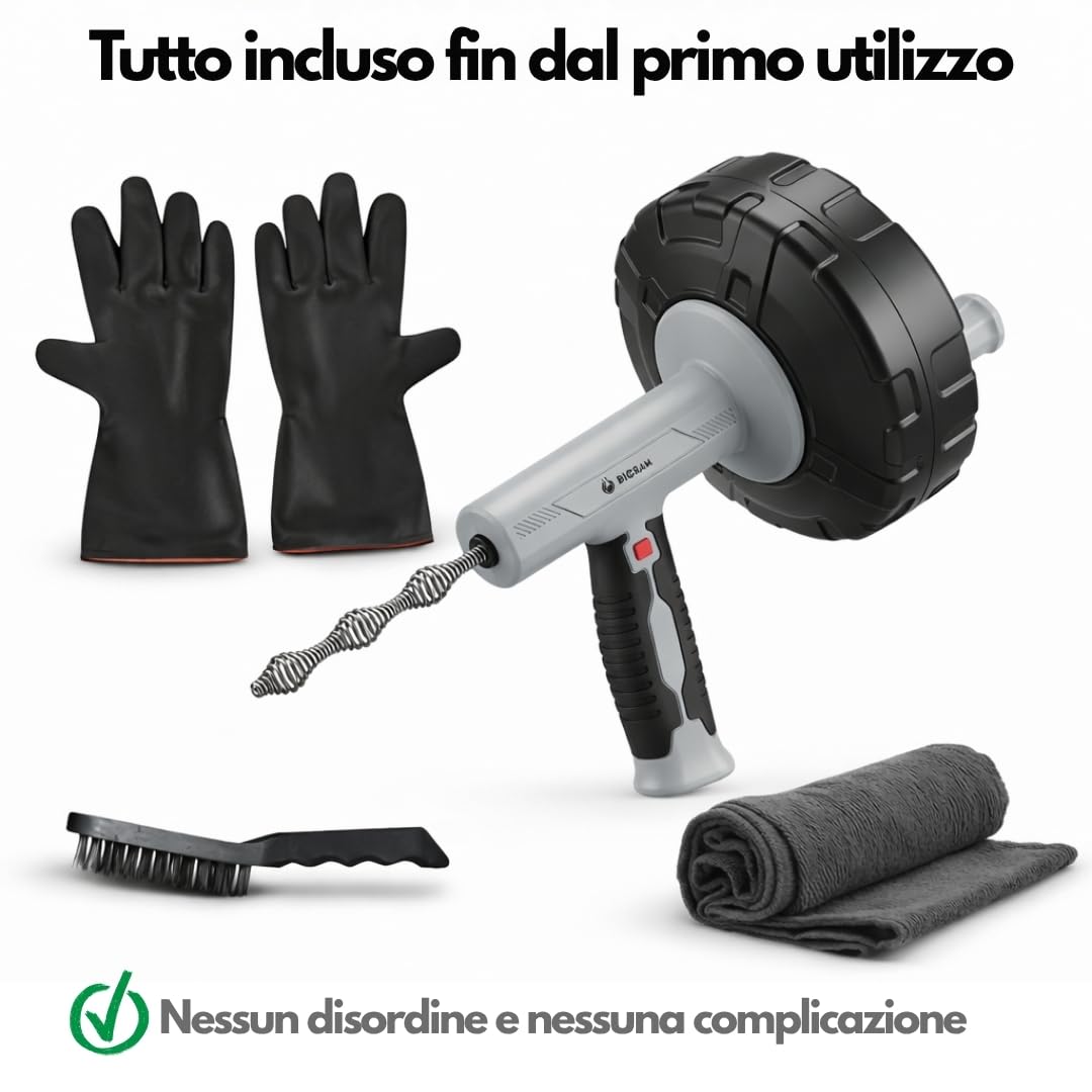 Sonda Sturatubi Professionale 10 m – Molla Sturatubi con Cavo in Acciaio Flessibile per Lavandino, Doccia e WC | Sturalavandino Manuale per Scarichi Domestici con Guanti, Spazzola, Panno e Manuale.
