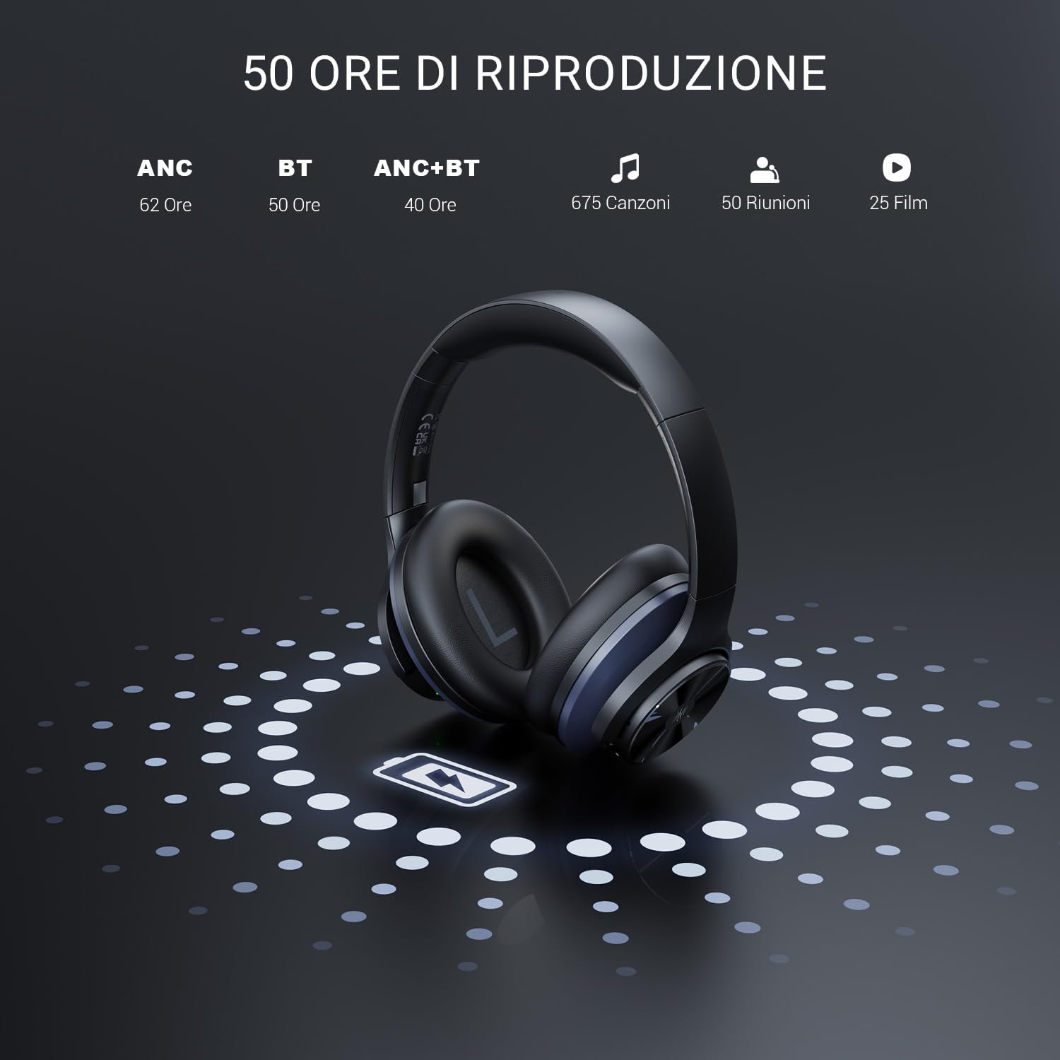 OneOdio A10 Cuffie Bluetooth Over Ear Cuffie Wireless Bluetooth con Cancellazione Attiva Rumore Adattiva fino al 98%,Ttecnologia ANC Ibrida,Riproduzione 62 Ore,Comodo da indossare/Hi-Res suono Nero