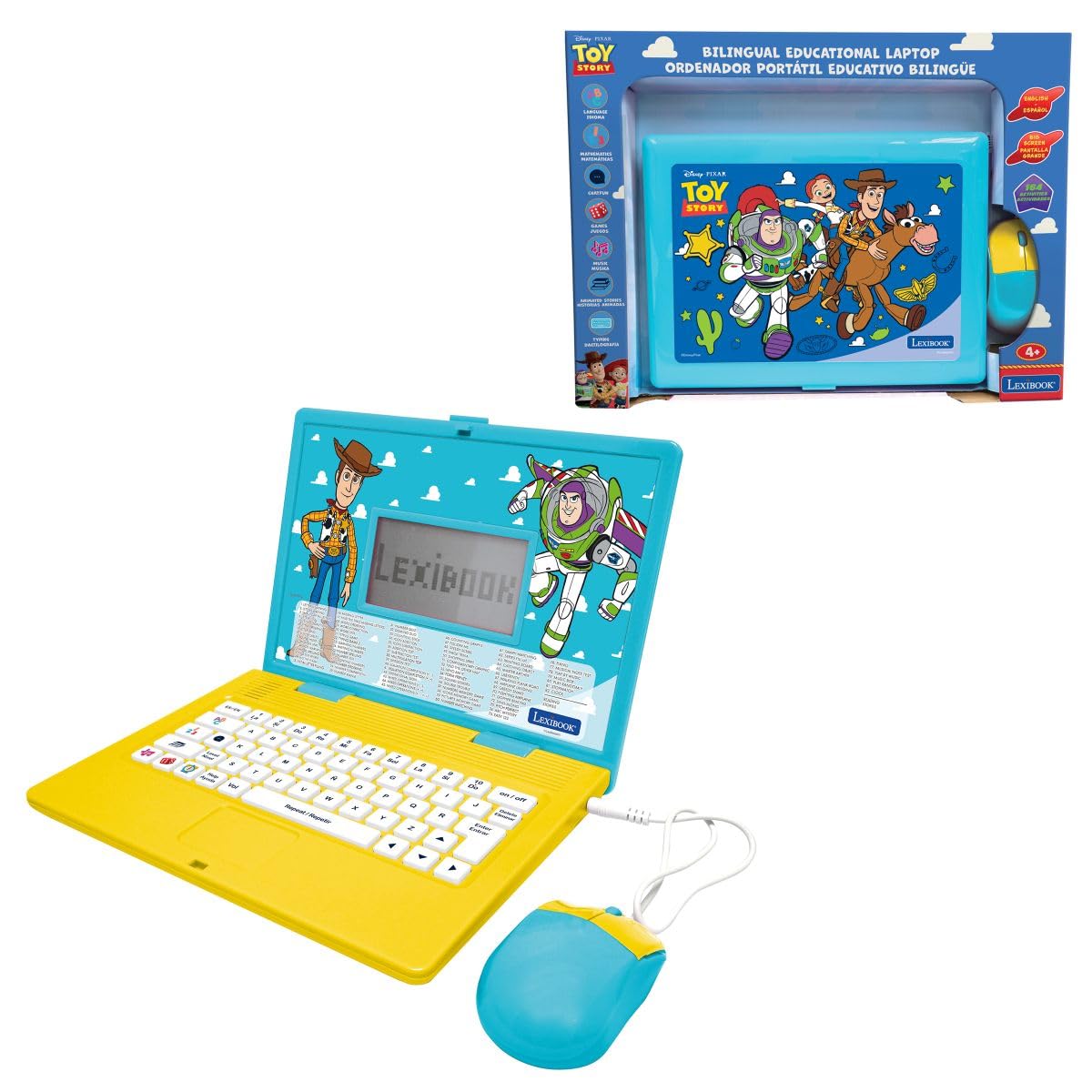 LEXIBOOK, Disney Toy Story, Laptop Educativo Bilingüe, 164 Actividades en Inglés y Español, Juegos de Aprendizaje, Práctica de Letras y Números, Azul y Amarillo, JC601TSi2