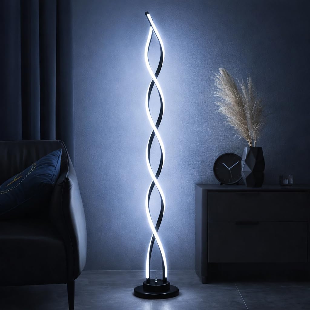 Arcadia Lampada da Terra LED Moderna Spirale | Piantana Design Contemporaneo | Luce Calda/Fredda | Lampada Salotto Camera da Letto Studio, Arredo Interni Elegante 120 cm (Nero)