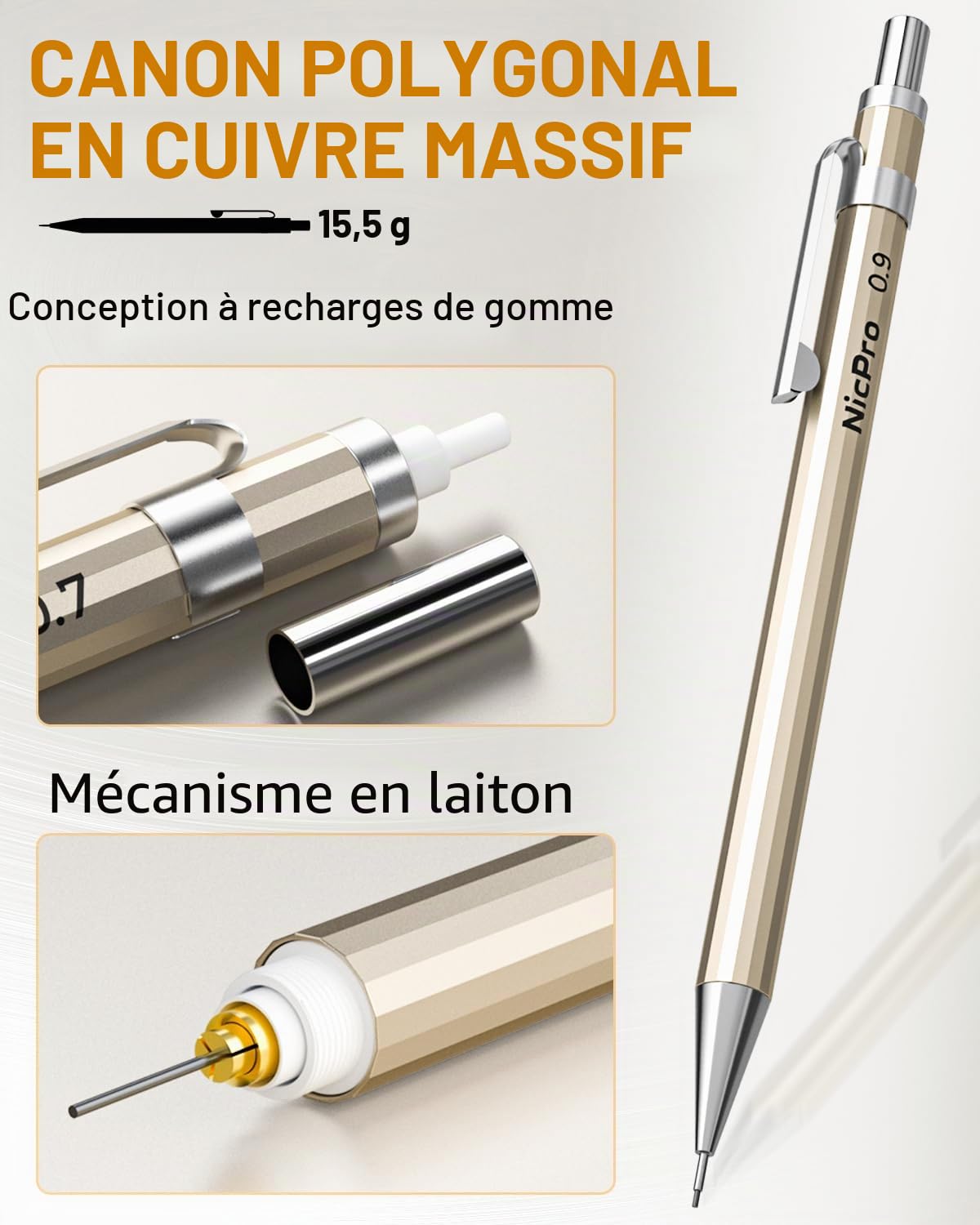 Nicpro 6 Pièces Métal Porte-Mines 0.3, 0.5, 0.7, 0.9, 2mm (4B 2B HB 2H), Art Crayon Mécanique Criterium avec Recharges, Gommes, Taille Crayon, Porte Mine pour Dessin Esquisse illustration Architecture