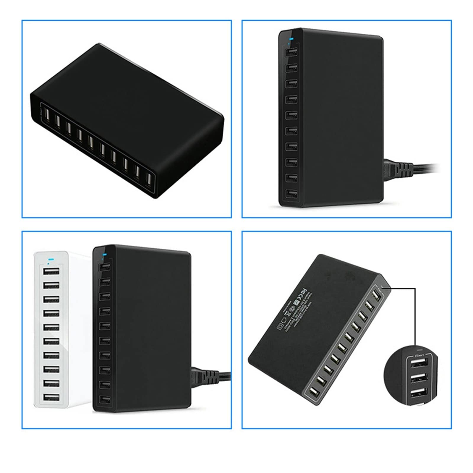 Stacja ładowania, 60W Szybka 10-portowa ładowarka USB Stacja ładująca Stacja dokująca Multi USB Charger Desktop z kablem(Wit)