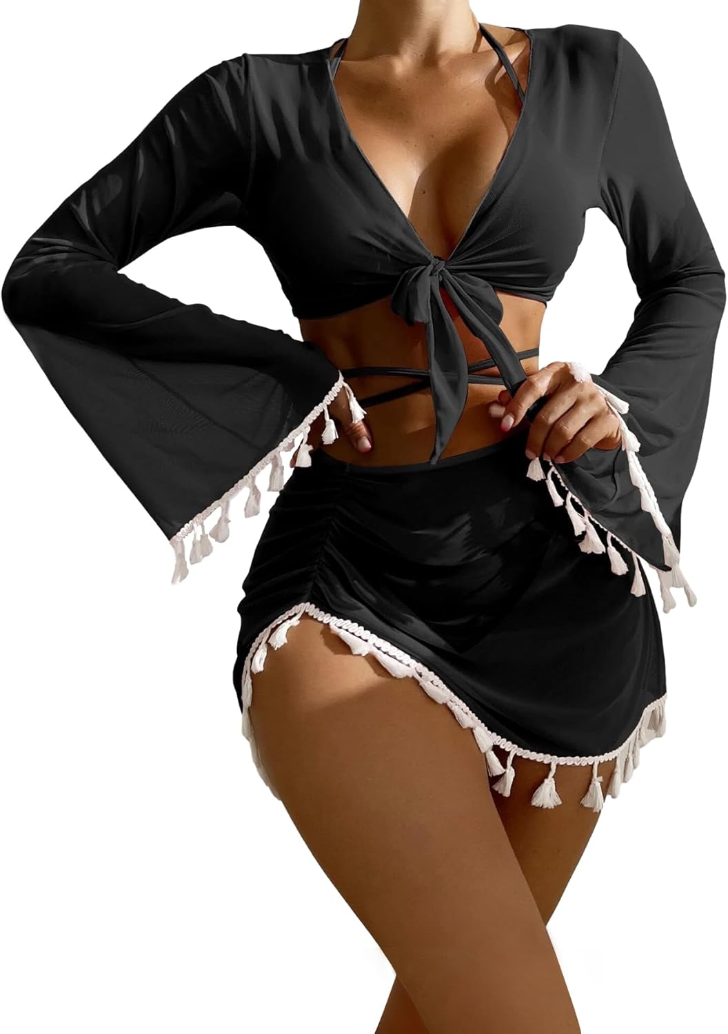 SKAYS Women's Triangle Bikini, 4-Piece Swimsuit Set, Polyamide/Elastane, U-Neck, Lace-Up, Hand Wash, Recreational Black Small