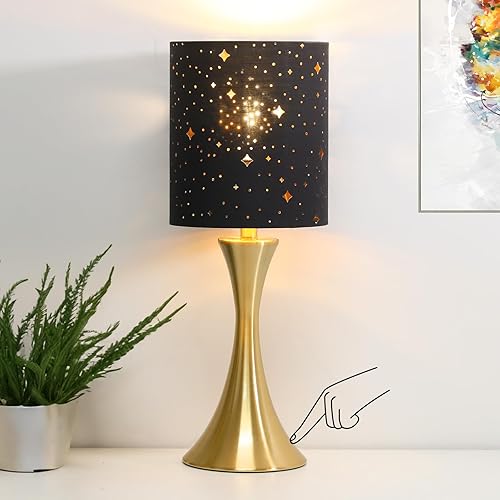 Lámpara táctil para dormitorio, lámpara de mesa dorada regulable de 3 vías con pantalla estrellada negra, lámpara decorativa para mesita de noche,
