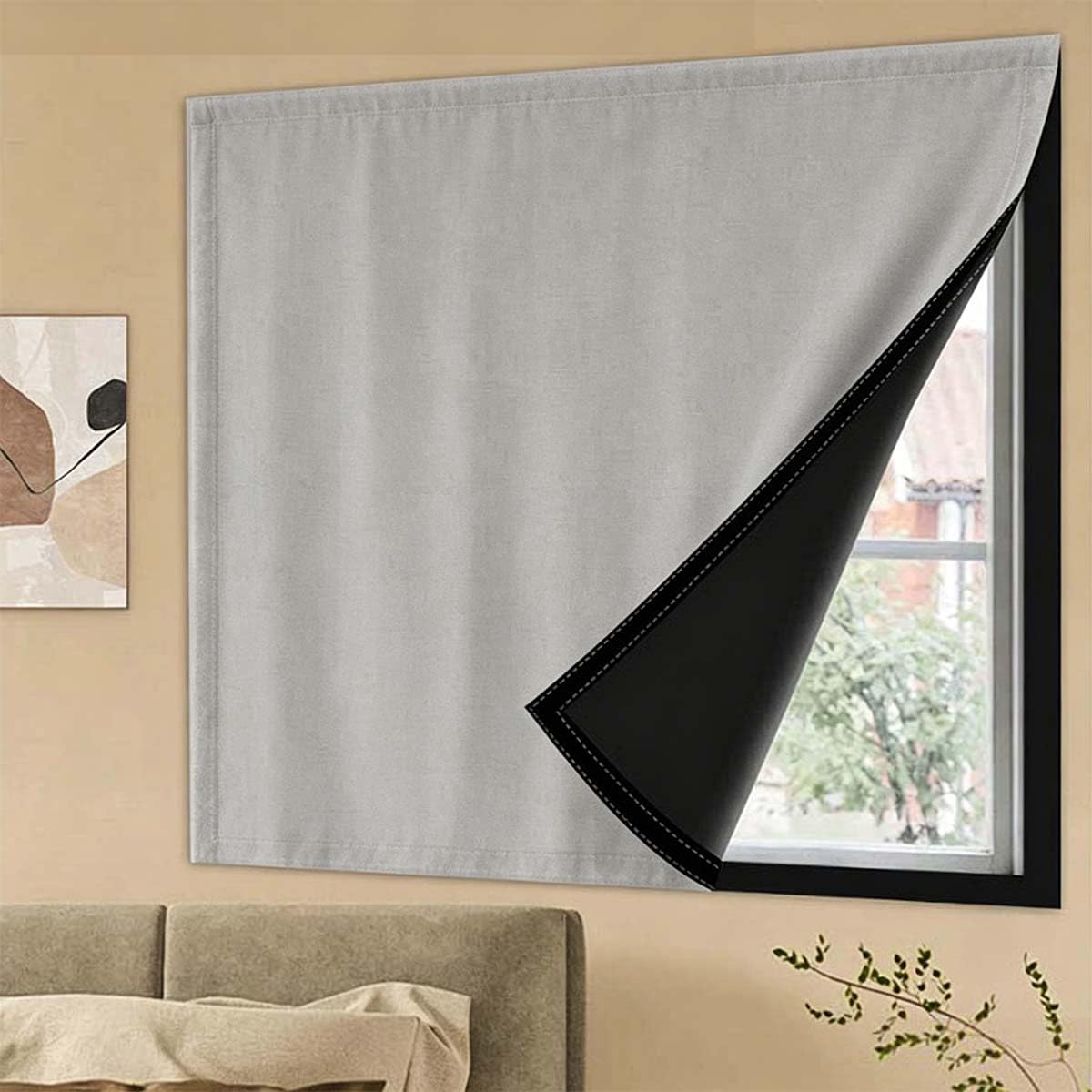 Blackout Curtains with All Around Self Adhesive, Summer Thermal Insulation Polyester Fabric Stick On No Drill Shades Portable Window Cover Blinds for Bedroom Nursery (80x120cm,Gray)